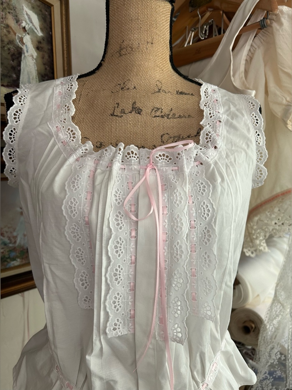 White Eyelet Edwardian-Style Camisole with Pink Ribbon in Medium
